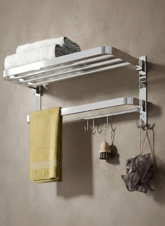 GRIVAN Stainless Steel Foldable Towel Rack with Hooks | Bathroom Towel Holder, Cloth Hanger Stand | Bathroom Accessories Set (Silver Chrome, 24x10 Inch) - Image 1